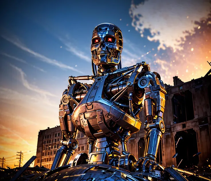 apocalypse buildings in ruins destroyed, explosions in the background, night sky, full body shot (Realisitc:1.5) man terminator grabbing human woman, <lora:EdobTerminator_v1.0:0.8>