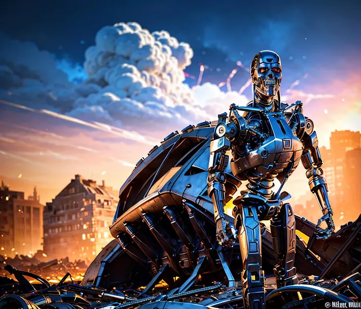 apocalypse buildings in ruins destroyed, explosions in the background, night sky, full body shot (Realisitc:1.5) man terminator grabing human woman, <lora:EdobTerminator_v1.0:0.8>