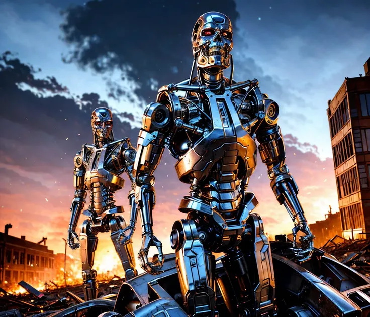 apocalypse buildings in ruins destroyed, explosions in the background, night sky, full body shot (Realisitc:1.5) man terminator grabbing human woman, <lora:EdobTerminator_v1.0:0.8>