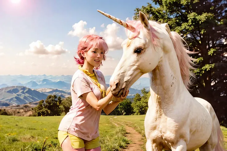 (Realisitc:1.5) (Pink and yellow:1.5) a girl hugging a (unicorn:1.3) <lora:EdobUnicorn_v1.0:0.8>