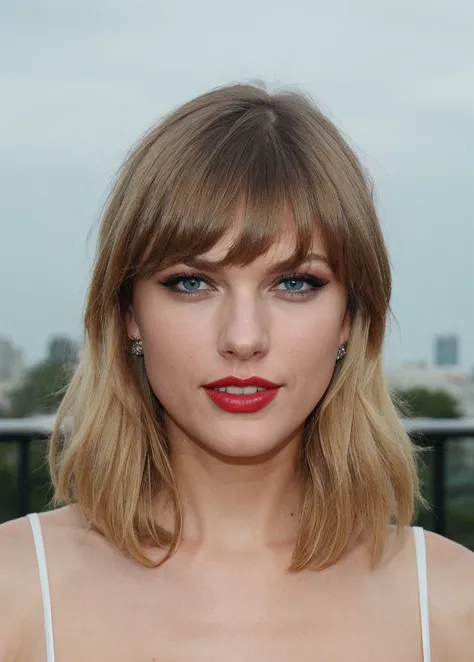 photography of taylorswift, <lora:mod4UP_ai-000098:0.6>  , blonde girl, red lipsticks, mascara, blue eyes, white skin, eyeliner, red lipstick, flash photography, in a rooftop Terrace, close up on face, Overcast , Green  Basque Lie on Stomach
