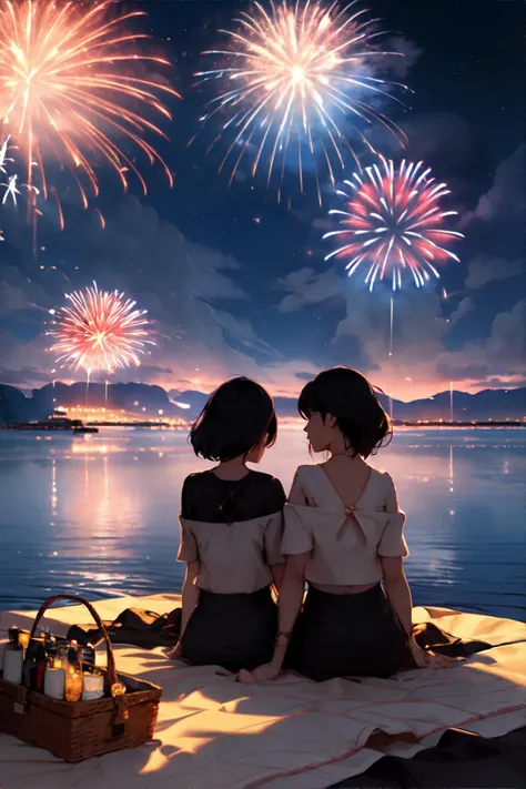 <lora:fireworks:0.7> two women sitting on picnic blanket, lakeshore, fireworks, night time, masterpiece, 8k, high resolution, shallow depth of field, sharp focus