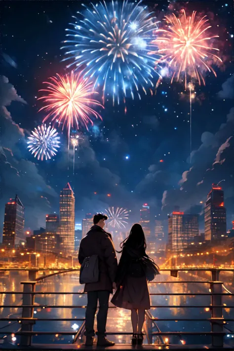 <lora:fireworks:0.7> woman and man standing on a bridge, view from behind, looking up at the sky, fireworks, night time, masterpiece, 8k, high resolution, shallow depth of field, sharp focus