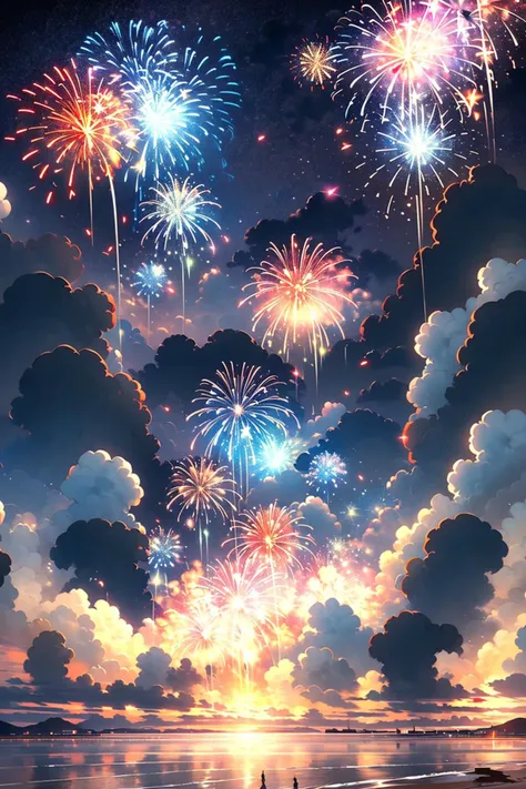 fireworks, no humans, sky, lens flare, outdoors, sparkler, scenery, bokeh, sunset, <lora:fireworks_20230730090722:0.7>