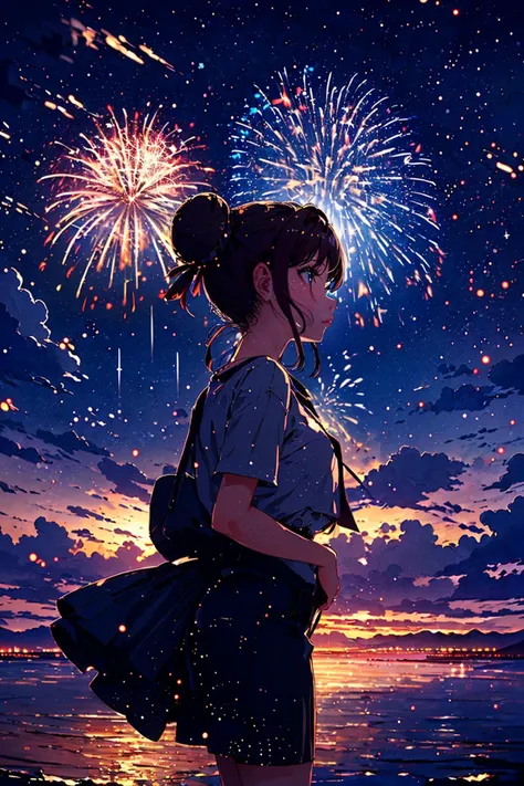 (best quality, masterpiece), (extremely detailed:1.3), (1girl:1.4), HDR, <lora:fireworks_20230730090722:0.7> fireworks, night, reflection, horizon, looking away, cowboy shot, silhouette, ocean,, bangs, double bun, drill hair,