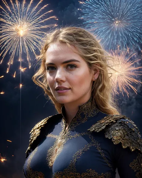 k4t3upt0nv1 (smiling:0.9) , medium length blonde hair, hair flowing in the wind, (vibrant vivid colors) (upper body shot:1.2) (sky, cloud, fireworks) , An ultra hd detailed painting of many different types of flowers by android jones, earnst haeckel, james jean. behance contest winner, generative art, baroque, intricate patterns, fractalism, movie still, photorealistic,Portrait of a Divine thin sexy woman surrounded by fire, portrait of Foggy Female, warhammer, some dark blue water, the middle ages, highly detailed, artstation, illustration, sylvari portrait, 8k quality, art by partick woodroof,  <lora:fireworks_20230730090722:0.7>
