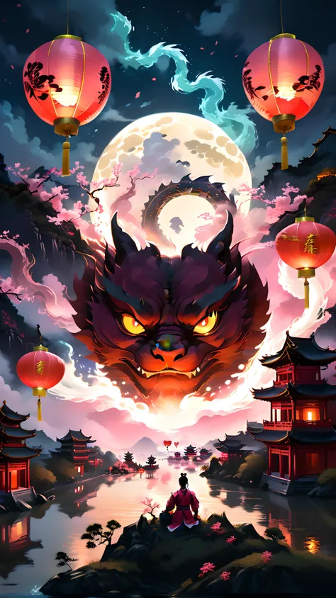 night time, moody, moon is a light pink and red color. View from a grassy hilltop. The silhouette of a Chinese warrior in a Hanfu kneeling on the grass looking out from the field, fabric blowing in the wind, hands on his battleaxe. In the background is a futuristic Beijing during the Lunar New Year, lots of sky scrappers and temples in the background. Huge river runs down the middle into the distance with old ancient chinese archicecture and temples with a futuristic touch. Large futuristic neon signs, orange and yellow lights from torches, ((tons of sky lanterns floating in the air)). Large explosions of fireworks of saturated beautiful colors exploding in the sky. Particles hovering over the large river, ((Giant dragon)) flying in the background, fireworks, and glowing, circling and dancing with humans below, fireflies light the surrounding area, glowing red and pink particles in the shapes of hearts hover over the reflective and beautiful water. Couples in chinese row boats on the river, silhouettes, holding hands, kissing, hugging, love in the air. ultra hires, ultra detailed, masterpiece, best quality, exposure blend, medium shot, bokeh, (hdr:1.4), high contrast, (cinematic, red and pink:0.85), (muted colors, dim colors, soothing tones:1.3), <lora:xl_more_art-full_v1:1> <lora:more_details:1> <lora:add_detail:1> <lora:fireworks_20230730090722:1> <lora:sky lantern_20231207135031:1> sky lantern, ((Kneeling chinese warrior wearing Hanfu looking forward))