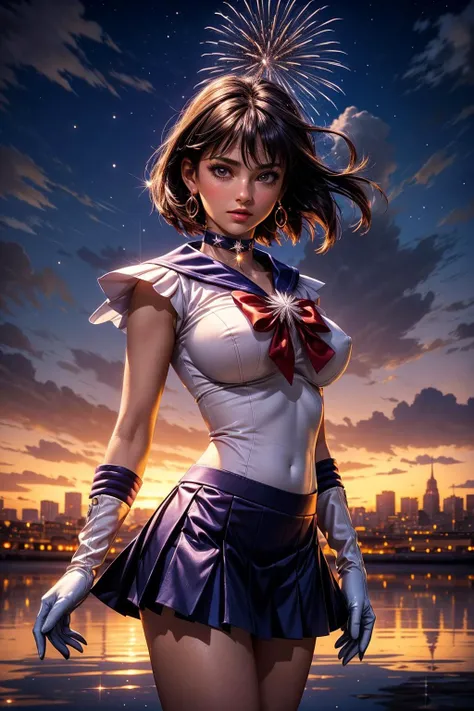 (ultra realistic,32k, masterpiece:1.2),(high detailed skin:1.1),( 8k uhd, dslr, high quality:1.1), 
sparkling  glitter <lora:sailorsaturn-lora-nochekaiser:0.7>sailor saturn, (purple eyes:0.5), short hair, purple hair, circlet,brooch, choker, earrings, gloves, jewelry, magical girl, miniskirt, purple sailor collar, sailor collar, sailor senshi uniform, skirt, star choker, white gloves,, <lora:fireworks_20230730090722:0.5>sky, city skyline,(fireworks:1.1), landscape, clouds, outdoors, night, clouds, reflection, night sky, stars,  sunset, horizon, starry sky, , <lora:add_detail:0.98>,  (huge breast:0.9),  
(looking at viewer, standing,:1.1), (upper body:1.1)
,(lighting:1.1),