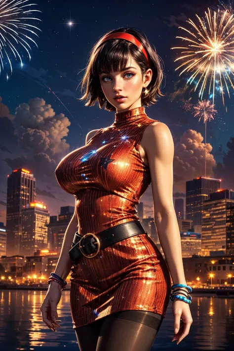 (ultra realistic,32k, masterpiece:1.2),(high detailed skin:1.1),( 8k uhd, dslr, high quality:1.1), 
sparkling  glitter <lora:LoRA_Videl:0.7>  VidelDress (blue eyes:0.75), black hair, hairband, short hair, red hairband, bangs, sleeveless, dress, jewelry, belt, red dress, bracelet, , pantyhose, black pantyhose,  shoulders, sleeveless dress, blunt bangs, <lora:fireworks_20230730090722:0.5>sky, city skyline,(fireworks:1.1), landscape, clouds, outdoors, night, clouds, reflection, night sky, stars,  sunset, horizon, starry sky, , <lora:add_detail:0.82>,  (:0.9),  
(looking at viewer, standing,:1.1), (upper body:1.1)
,(iridescence:1.1),