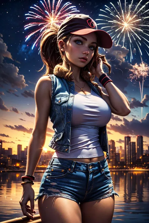 (ultra realistic,32k, masterpiece:1.2),(high detailed skin:1.1),( 8k uhd, dslr, high quality:1.1), 
sparkling  glitter <lora:tombraider_classiclaracroft:0.7>lara croft, single braid, blue tank top, brown shorts, fingerless gloves, holster, brown hair, (brown eyes:0.75), <lora:fireworks_20230730090722:0.5>sky, city skyline,(fireworks:1.1), landscape, clouds, outdoors, night, clouds, reflection, night sky, (stars,starry sky:1.1), horizon, , <lora:add_detail:0.75>,  huge breast,  
(looking at viewer, upper body:1.2),
,(glow in the dark:1.1),