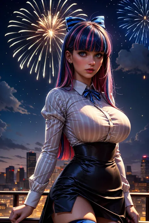 (ultra realistic,32k, masterpiece:1.2),(high detailed skin:1.1),( 8k uhd, dslr, high quality:1.1),
1girl,pink hair, ponytail hair,bangs, (aqua eyes:0.9),sparkling glitter Crinkle Textured Cut Out One Shoulder Bodycon Dress, <lora:fireworks_20230730090722:0.5>sky, city skyline,(fireworks:1.1), landscape, clouds, outdoors, night, clouds, reflection, night sky, stars, sunset, horizon, starry sky, , <lora:add_detail:0.75>, (huge breast:0.9), ultra wide-angle,
(looking at viewer, standing, from above:1.1),,
,(volumetric lighting:1.1),