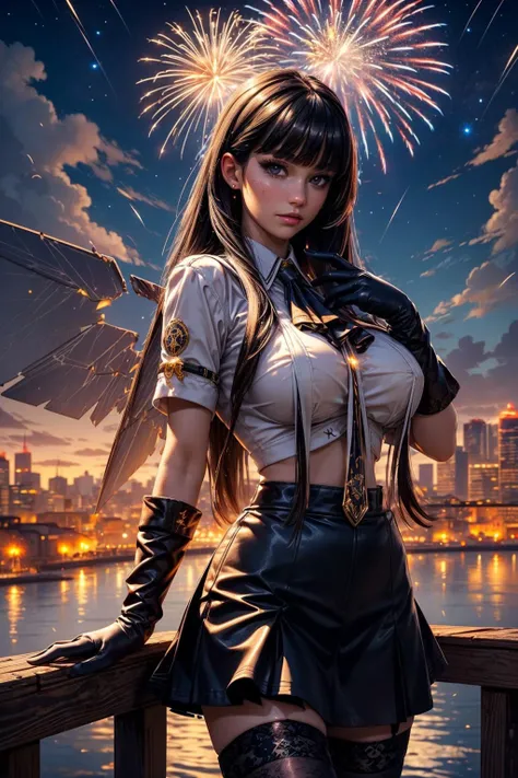 (ultra realistic,32k, masterpiece:1.2),(high detailed skin:1.1),( 8k uhd, dslr, high quality:1.1),
sparkling glitter <lora:Vituosav1:0.7>Virtuosa, bangs, long hair, black hair, looking at viewer, very long hair, gloves, halo, black gloves, blunt bangs, closed mouth, black eyes, thighhighs, shirt, skirt, black thighhighs, elbow gloves, ascot, black skirt, breasts, mole,wings,, <lora:fireworks_20230730090722:0.5>sky, city skyline,(fireworks:1.1), landscape, clouds, outdoors, night, clouds, reflection, night sky, stars, sunset, horizon, starry sky, , <lora:add_detail:0.97>, (huge breast:0.9),
(looking at viewer, standing,:1.1), (upper body:1.1)
,(tenebrism:1.1),