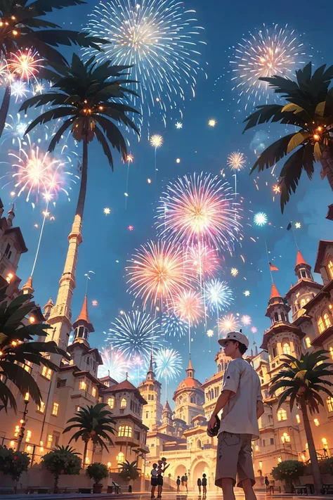 fireworks, outdoors, tree, sky, summer, palm tree, aerial fireworks, building, hat, shorts, 1boy, shirt, plant<lora:fireworks_20230730090722:0.7>, (illustration:1.0), masterpiece, best quality,