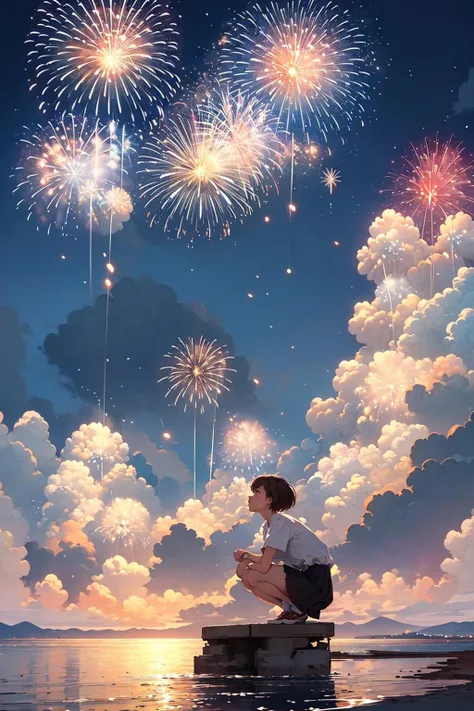 1girl, fireworks, solo, white shirt, sky, shirt, cloud, short sleeves, outdoors, squatting, water, short hair, skirt, black skirt, sitting, cloudy sky, brown hair<lora:fireworks_20230730090722:0.7>, (illustration:1.0), masterpiece, best quality,