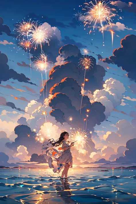 1girl, solo, sky, cloud, fireworks, long hair, water, sunset, outdoors, holding, dress, standing, cloudy sky, sparkler, wading, scenery, reflection, ocean, <lora:fireworks_20230730090722:0.7>