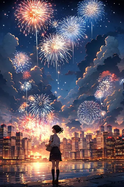 1girl, fireworks, scenery, sky, solo, night, outdoors, city lights, city, cloud, cityscape, bag, facing away, building, holding, skirt, night sky, standing, short hair, from behind, aerial fireworks, black hair, skyline, school uniform, reflection, cloudy sky <lora:fireworks_20230730090722:0.8>, (illustration:1.0), masterpiece, best quality,