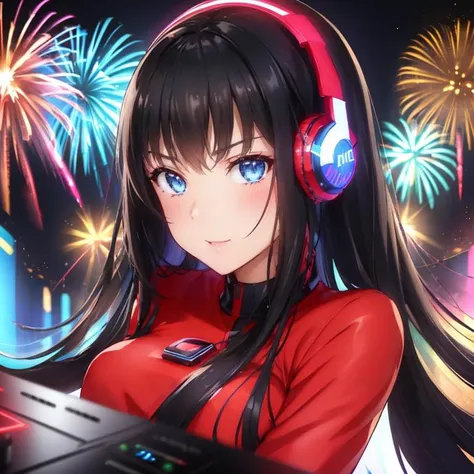 one girl, black hair, light blue eyes, is a dj, red dress, headphones , in a packed nightclub, laser, neon, champagne, fireworks, teasing, posing,cute ass  sexy, sexy face , perfect face, perfect body, ultra-detailed face, ultra-detailed eyes, looking at viewver <lora:JadeLaroche:0.6>