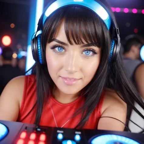 one girl, black hair, light blue eyes, is a dj, red dress, headphones , in a packed nightclub, laser, neon, champagne, fireworks, teasing, posing,cute ass sexy, sexy face , perfect face, perfect body, ultra-detailed face, ultra-detailed eyes, looking at viewver <lora:JadeLaroche:0.6>
