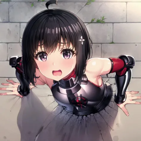 <lora:lambda-000070:0.7>, best quality, ultra fine, BREAK, <lora:bofuri maple s2-lora-nochekaiser:1> , (maple:1.2), purple eyes, ahoge, hair ornament white, (black hair:1.2), (black armor:1.3), (red markt:1.4), <lora:Trapped_In_WallV2:1> , (stuck in wall:1.5), stuck in wall,