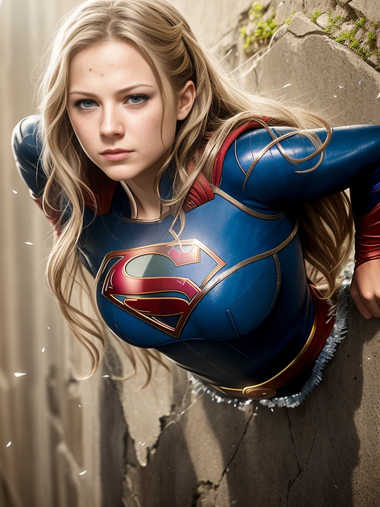8k, award winning portrait color photo of a beautiful (Supergirl:1.0), trapped in a wall stuck in wall, wall is cracked, stone splitting, (melissa benoist:1.0), Kryptonite, epic, realistic, worried, concerned, sweating, (hdr:1.2), (lens_flare:0.7), by luis royo