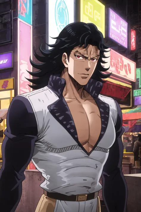 masterpiece, best quality, 1boy, steelydan, black hair, long hair, red eyes, dark skin, pectoral, upper body, looking at viewer, cyberpunk, solo, neon light, night, cyberpunk city background <lora:SteelyDan:0.9>