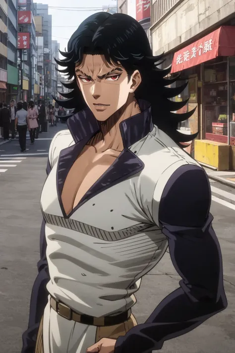 masterpiece, best quality, 1boy, steelydan, black hair, long hair, red eyes, dark skin, pectoral, upper body, looking at viewer, solo, street, buildings, tokyo street background <lora:SteelyDan:0.9>