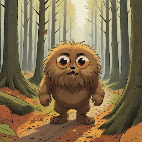 illustration, Large shot, dense forest, small path, (huge sad hairy mascot:1.3), furry, scary, lost in the woods, big eyes, ultra realistic realism, autumn,, 1980 <lora:AQUAinked_XL:1>