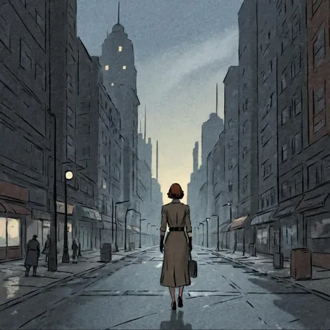 illustration, evening ,empty,1930, street, woman viewed from the back , dystopian city, street view, centered, realistic, futuristic past, metropolis, depression, <lora:AQUAinked_XL:1>