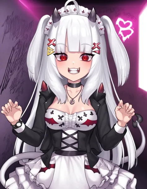 Lucy Pyre Demon Spawn, 1girl, solo, long hair, looking at viewer, wide grin, glowing, ahoge, open mouth, hair ornament, red eyes, covered, jewelry, medium breasts, very long hair, tail, white hair, maid dress, formal, horns, choker, blunt bangs, necklace, collar, two side up, fangs, black choker, demon girl, leather jacket, x hair ornament, demon horns, demon tail, graffiti, 9mm pistol, WATCH HER 9MM GO BANG - WA DA DA DANG - WA DA DA DA DA DANG! , indoors, closet, crazed, yelling, (shigure ui made her do it, and me too she locked me in Lucy's closet), multi-strapped bikini, liminal horror, backrooms, liminal space, <lora:LucyPyreXL:0.8>