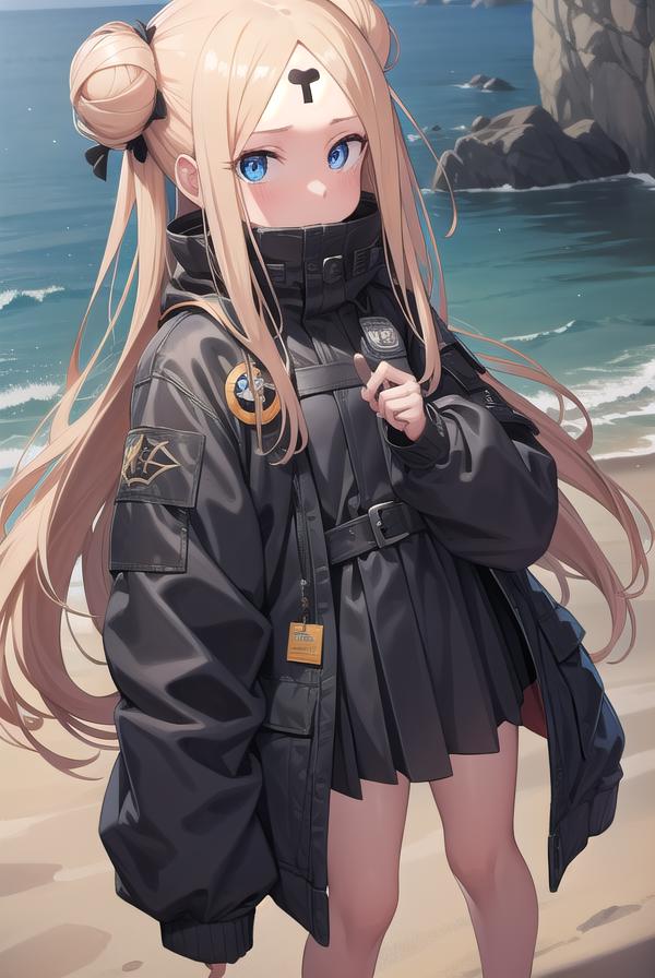 A woman in a black jacket standing on a beach next to the ocean - SeaArt AI