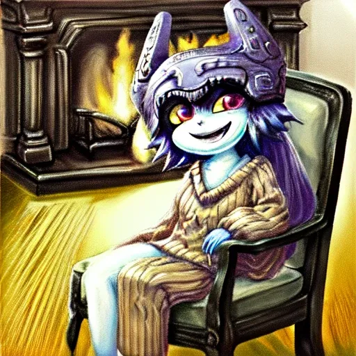 <lora:tfmMidnaLora_genesis:0.8>, (purple sweater:1.2), swirly eyes, long sleeves, purple eyes, <lora:hexmaniac:0.3>, cartoon, painting, (armchair:1.2), fireplace, coffee,rug, christmas