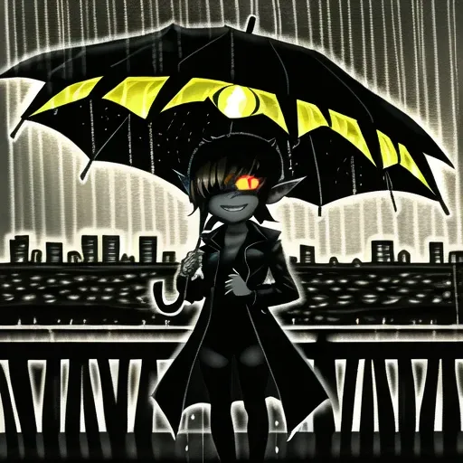 <lora:tfmMidnaLora_genesis:0.6>, (tfmmidna:1), trenchcoat, sunglasses, (city, rain:1.3), (silhouette:1.2), yellow sclera, glowing eye, smile, one eye covered, the matrix, small breasts, imp, umbrella