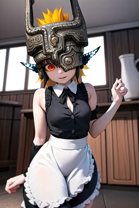 TFM_Midna , helmet, red eyes, pointy ears, 1girl, maid costume, maid apron, <lora:TFM_Midna:0.6>