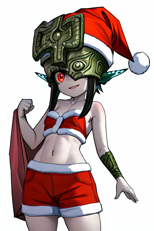 masterpiece, best quality, <lora:TFM_Midna:0.6> , TFM_Midna, helmet, red eyes, pointy ears, 1girl, santa hat, santa costume, santa bag