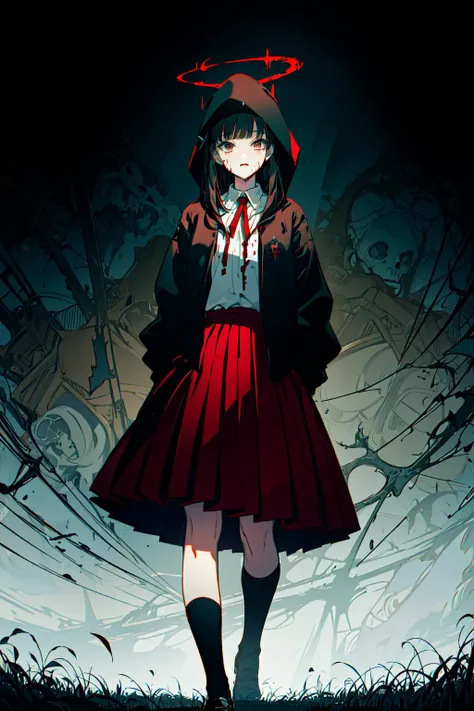 (masterpiece, top quality, best quality, official art, beautiful and aesthetic:1.2), extreme detailed,colorful,highest detailed ((ultra-detailed)), (highly detailed CG illustration), ((an extremely delicate and beautiful)),cinematic light,
skirt, halo, blood, grass, hood, socks, kneehighs, blood on clothes, red skirt, guro, shoes, black hair, 1girl, pleated skirt, hood up, shirt, horror (theme), death, outdoors,