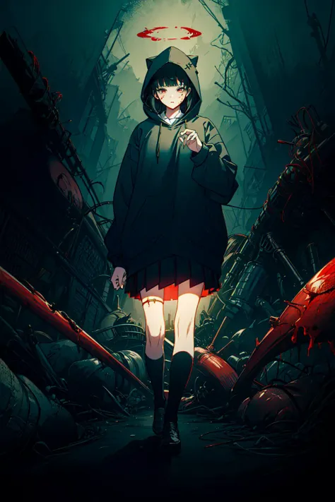 (masterpiece, top quality, best quality, official art, beautiful and aesthetic:1.2), extreme detailed,colorful,highest detailed ((ultra-detailed)), (highly detailed CG illustration), ((an extremely delicate and beautiful)),cinematic light,
skirt, halo, blood, grass, hood, socks, kneehighs, blood on clothes, red skirt, guro, shoes, black hair, 1girl, pleated skirt, hood up, shirt, horror (theme), death, outdoors,
