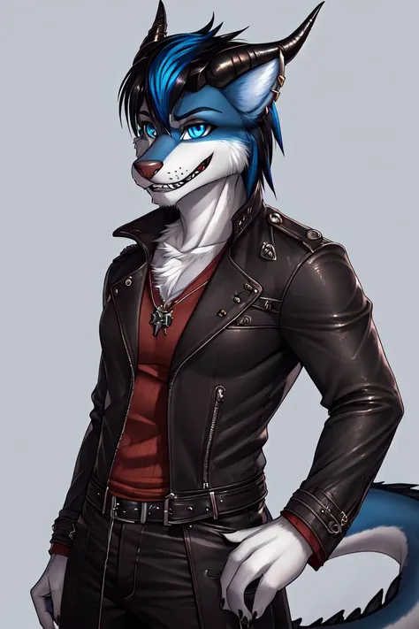 uploaded on e621, anthro, explicit, explict, nsfw, (dracowolf:1), high res, ((detailed realistic image)), (detailed eyes, beautiful expressive eyes:1.3), impasto impressionism, insane details, (hyper realistic scales:1.2), (hyper realistic fur:1.4), (detailed fur:1.3), (detailed scales:1.2), pupils, (expressive face, detailed face), (two tone hair, anime hair:1.3), (realistic:1.3), (photorealistic:1.3), (full color portrait:1.3), (male:1), (dungeon background), (looking at viewer:1), (evil grin:1), dark fantasy art, horns, (scaled forearms, scaled hands:1), (scaled belly, scaled chest:1), white hands, (furred legs, furred biceps:1), (canine features:1), cinematic lighting, (trench coat, pants, jacket), <lora:DracowolfV5:1>, (bust portrait)