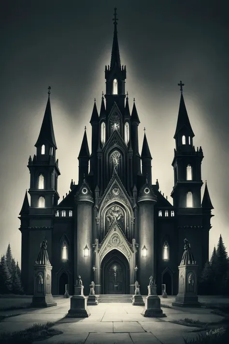 cult of cthulhu, dark imposing church, disney style art