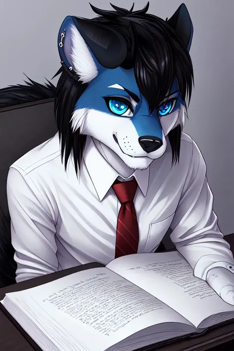 uploaded on e621, anthro, explicit, explict, nsfw, (dracowolf:1), high res, ((detailed realistic image)), (detailed eyes, beautiful expressive eyes:1.3), impasto impressionism, insane details, (hyper realistic scales:1.2), (hyper realistic fur:1.4), (detailed fur:1.3), (detailed scales:1.2), pupils, (expressive face, detailed face), (two tone hair, anime hair:1.3), (realistic quality:1.3), (photorealistic quality:1.3), (full color portrait:1.3), (male:1), (office background), (first person view), (looking at viewer:1), dark fantasy art, horns, (scaled forearms, scaled hands:1), (scaled belly, scaled chest:1), white hands, (furred legs, furred biceps:1), (canine features:1), cinematic lighting, lounging, smirk, (dress shirt, tie, dress pants, clipboard), <lora:DracowolfV5:1>