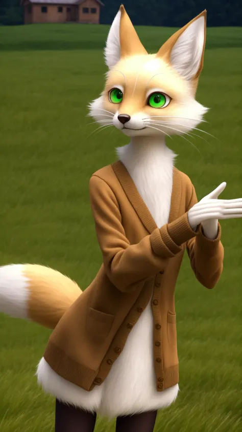 cinematic lighting, a film still from the set of Wes Anderson's Fantastic Mr. Fox, Nikon D3 Camera, Cooke Varotal Lenses, (white fur:1.1) fox girl, detailed fur, wearing a cardigan, (whiskers:1.2), happy, smile, blushing, detailed (green eyes:1.1), (fuzzy:1.2), stop motion, claymation, professional photography, absurdres, hyperrealistic, grassy hilled background