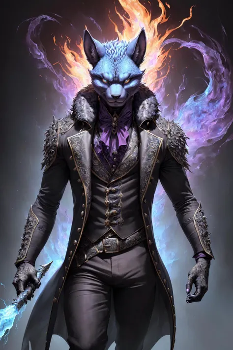 (dark fantasy art), (dynamic foreshortening:1), (excellent perspective:1), (dynamic perspective:1), high res, (ultra realistic:1.1), (detailed realistic image:1.1), (detailed eyes, beautiful expressive eyes, pupils:1.2), impasto impressionism, (insane details:1.2), soft, (expressive face, detailed face:1.3), (realistic:1.3), (photorealistic, photo-realistic:1.1), full color, (3d:1.3), (highly detailed:1.2), (masterpiece:1.3), 8k uhd, (unreal engine 5:1), (intricate detail:1.2), cinematic lighting, (male), (hybrid:1), (alien humanoid:0.8), (canine features:0.5), (reptilian features:1.2), (alien:1), (humanoid features:1.2), (human features:1.2), (hyper realistic fur:1.3), (detailed fur:1.2), (hyper realistic scales:1.2), (detailed scales:1.1), (seductive, seductive smirk:1.2), (two tone hair:1.2), (anime hair:1.2), (full-length portrait:1.3), (blue fur:1), (silver scales:1), (magenta eyes:1), (looking at viewer:1.3), (first person view:1.3), (dark studio background), (front view:1), (black duster jacket, regency tailcoat, pants:1.2), unreal, (broken reality:1.2), (wielding plasma and fire:1.3), (fur covered body:1), (scale covered body:1)
