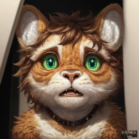 (white background), (alien humanoid:1.4), (alien:1.3), (humanoid features:1.3), (human features:0.6), high res, (detailed realistic image:1.4), (detailed eyes, beautiful expressive eyes, green eyes:1.4), impasto impressionism, insane details, soft, (hyper realistic fur:1.2), (detailed fur:1.1), pupils, (fur covered body:0.5), (male:1), (canine features:0.3), (expressive face, detailed face:1.3), (realistic:1.3), (photorealistic, photo-realistic:1.2), full color, (3d:1), (highly detailed:1.2), masterpiece, 8k uhd, (scared expression:1.4), cinematic lighting, (looking at viewer:1.3), (leather collar:1.3), (brown hair, scraggy hair:1.3), (tan colored fur:1.3), (slightly chubby:1), (athletic:0.5), (dynamic foreshortening:1), (dynamic perspective:1), (excellent perspective:1), (headshot portrait:1), (peeking from corner of image:1.4)