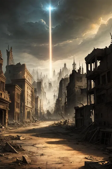 dark fantasy art, post apocalyptic world, destroyed city background, beam of light in the sky