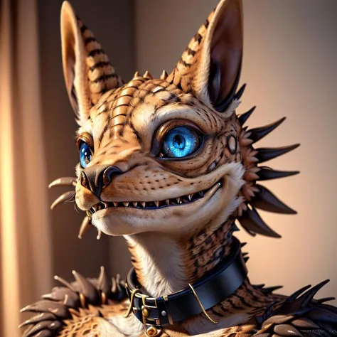 (alien humanoid:1.1), (alien:1.1), (humanoid features:0.9), (human features:0.6), high res, (detailed realistic image:1.3), (detailed eyes, beautiful expressive eyes:1.2), impasto impressionism, insane details, soft, (hyper realistic fur:1.3), (detailed fur:1.2), pupils, (fur covered body), (male:1), (canine features:0.3), (expressive face, detailed face:1.3), (realistic:1.3), (photorealistic, photo-realistic:1.2), full color, (3d:1), (highly detailed:1.2), masterpiece, 8k uhd, (smile:1), (bedroom background), cinematic lighting, (bust portrait:1), (looking at viewer), (collar:1.3), (front view), (scraggy hair:1.3), nipples, belly button, (canine teeth:0.8)
