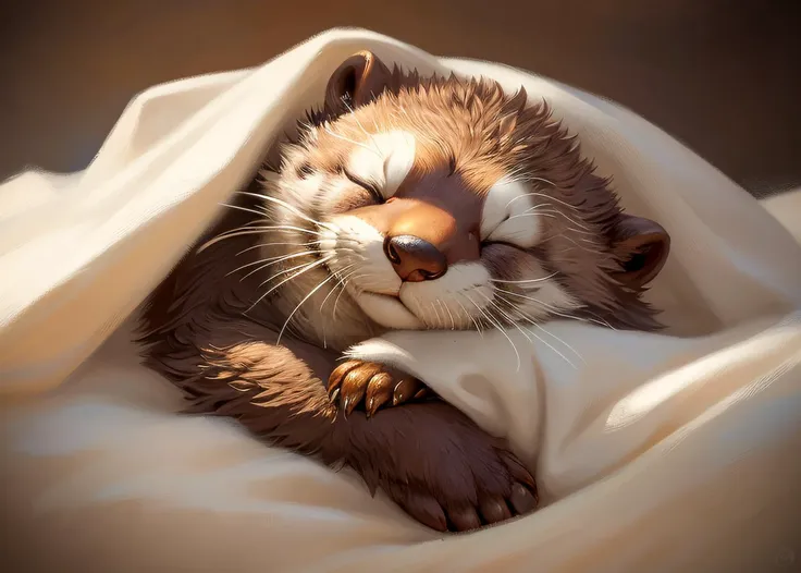 fantasy head shot of adorable (fluffy, feral otter), (detailed  face, closed eyes ), (solo focus:1.2), sleeping,snuggling, wrapped in silk blanket, bed,  bright theme white dreamy soft lighting, (animal:0.8), (fluffy detailed body fur:1.1), paws, masterpiece, highres, by Jeremy Lipking, by Antonio J Manzanedo, (by Alphonse Mucha:0.5)  , (adorable, smirk, lovely:1.1),