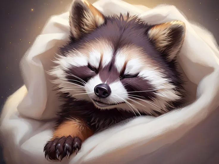 fantasy  head shot of adorable (fluffy, feral Raccoon), (detailed  face, closed eyes ), (solo focus:1.2), sleeping,snuggling, wrapped in silk blanket,  on belly,  bright theme, white dreamy soft lighting, (animal:0.8), (fluffy detailed body fur:1.1), cute paws, fluffy tail, masterpiece, highres, by Jeremy Lipking, by Antonio J Manzanedo, (by Alphonse Mucha:0.5)  , (adorable, smirk, lovely:1.1), abstract background,