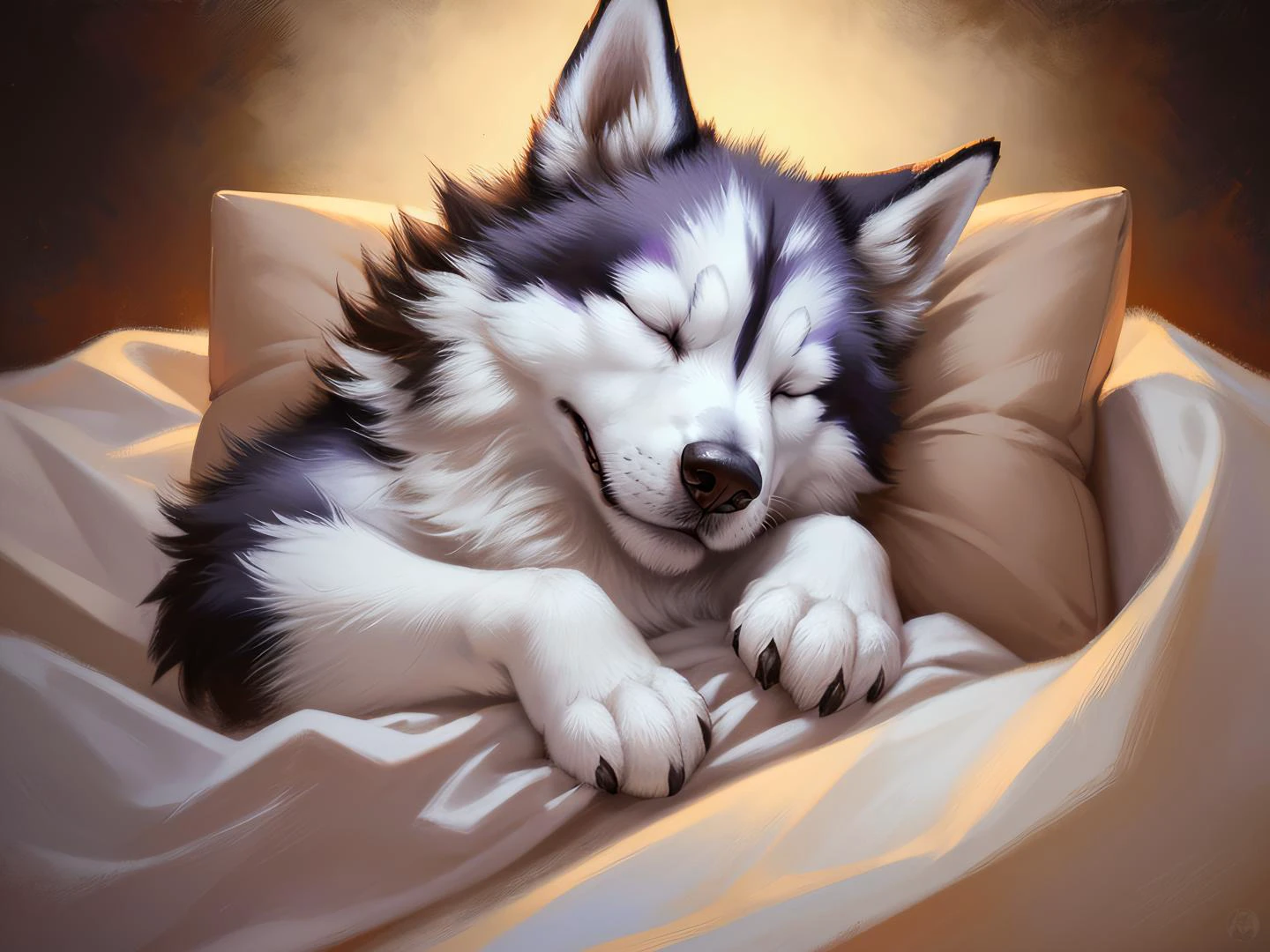 fantasy head shot of adorable (fluffy, feral husky, goofy), (detailed face, closed eyes ), (solo focus:1.2), sleeping,snuggling, wrapped in silk blanket, on belly, bright theme white dreamy soft lighting, (animal:0.8), (fluffy detailed body fur:1.1), cute paws, snoring, masterpiece, highres, by Jeremy Lipking, by Antonio J Manzanedo, (by Alphonse Mucha:0.5) , (adorable, smirk, lovely:1.1), abstract background,