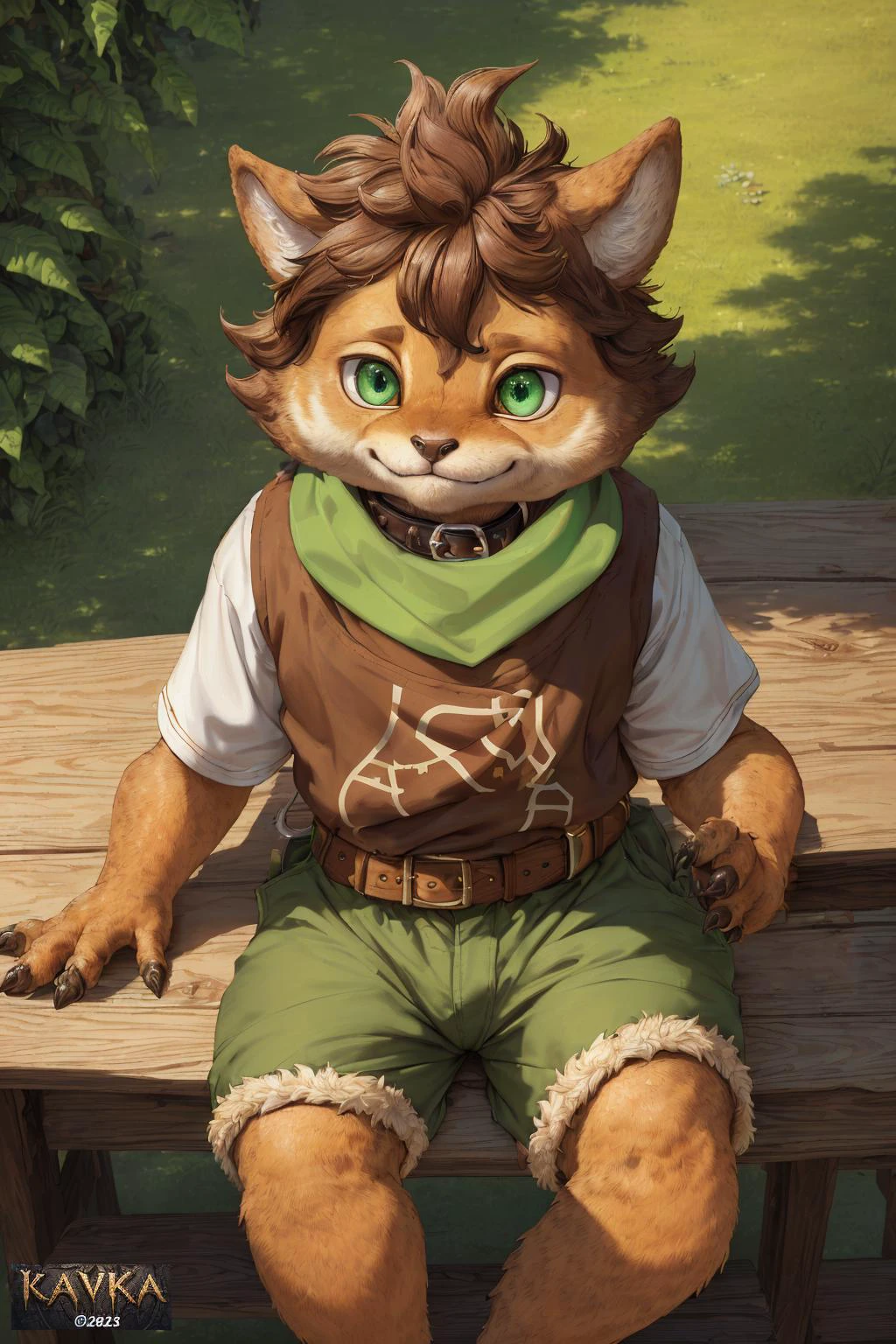 (tavern background), (alien humanoid:1.4), (alien:1.3), (humanoid features:1.3), (human features:0.6), high res, (detailed realistic image:1.2), (detailed eyes, beautiful expressive eyes, green eyes:1.2), impasto impressionism, insane details, soft, (hyper realistic fur:1.2), (detailed fur:1.1), pupils, (male:1), (masculine:1), (canine features:0.3), (expressive face, detailed face:1.3), (realistic:1.3), (photorealistic, photo-realistic:1.2), full color, (3d:1), (highly detailed:1.2), masterpiece, 8k uhd, (sneaky expression, mischievous expression:1.2), cinematic lighting, (collar:1.3), (brown hair, scraggy hair:1.3), (tan colored fur:1.3), (slightly chubby:1.2), (athletic:0.8), (dynamic foreshortening:1), (dynamic perspective:1), (excellent perspective:1), (sitting on bench by table:1.2), (tunic, shorts:1.3), (good fingers, well drawn hands:1.4)