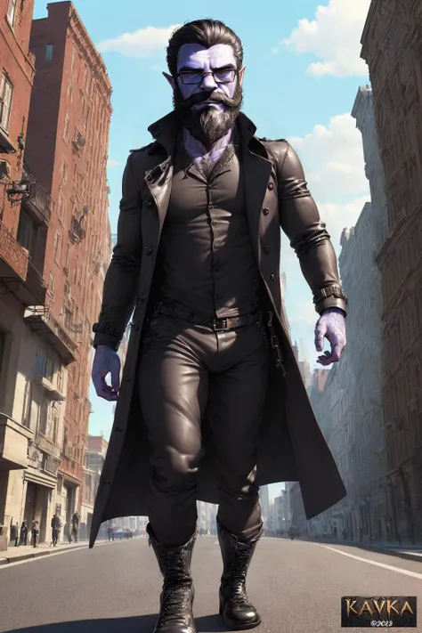 (city streets background:1), (blue scales:1.2), (full-length portrait:1.3), (black trench coat, black pants, black shirt, black boots:1.3), (hyper realistic scales:1.4), (hyper realistic fur:1), (detailed fur:1), (canine teeth:0.8), (blue fur:1.2), (detailed scales:1.3), (pointy ears:1.3), (dynamic foreshortening:1), (excellent perspective:1), (dynamic perspective:1), high res, (ultra realistic:1.1), (detailed realistic image:1.1), (detailed hair, realistic hair, hyper realistic hair:1.3), (hybrid:1.3), (alien humanoid:1.2), (canine features:1), (reptilian features:1.2), (humanoid features:1), (human features:1), (detailed eyes, beautiful expressive eyes, pupils:1.2), (long hair, black hair:1.2), (seductive, seductive smirk:1.2), impasto impressionism, (insane details:1.2), soft, (expressive face, detailed face:1.3), (realistic:1.3), (photorealistic, photo-realistic:1.1), full color, (3d:1.3), (highly detailed:1.2), (masterpiece:1.3), 8k uhd, (unreal engine 5:1), (intricate detail:1.2), cinematic lighting, two tone lighting, magenta hue, unreal, unnatural, (beard:1.2), (glasses, eyewear, eyeglasses:1.2), (walking down road:1.3), (looking at viewer:1.3)