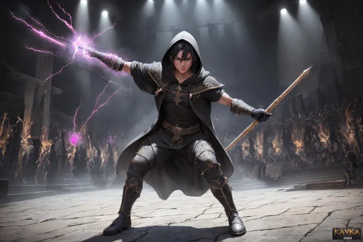 (magenta hue, magenta glow, wielding power, aura of power, warped reality, twisted reality, bent reality, electricity:1.4), (cracked reality, cracked environment, magenta cracks, warped environment, bent environment, unnatural reality:1.4),
BREAK
(male:1), (human:1), (detailed eyes, beautiful expressive eyes, pupils:1.2), (battle expression, warrior grin, seductive grin:1.2), (scruffy black hair:1.2), (blue eyes:1.2), (looking at viewer:1.3), (black hooded robes, black pants, black boots, black gloves:1.2), (20 years old, gamer:1.4), (battle pose, arms outstretched:1.3), (stage left position:1.2), (facing left:1.3), (pointing finger:1.2),
BREAK
(arena background), (full-length portrait, front view:1.2), (dynamic foreshortening:1), (excellent perspective:1), (dynamic perspective:1), high res, (ultra realistic:1.1), (detailed realistic image:1.1), impasto impressionism, (insane details:1.2), soft, (expressive face, detailed face:1.3), (realistic:1.3), (photorealistic, photo-realistic:1.1), full color, (3d:1.3), (highly detailed:1.2), (masterpiece:1.3), 8k uhd, (unreal engine 5:1), (intricate detail:1.2), cinematic lighting